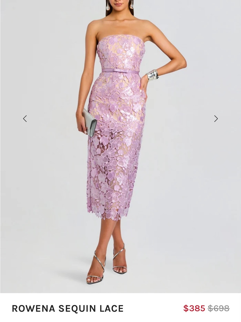Rowen Strapless Lilac Sequin Lace Midi Dress